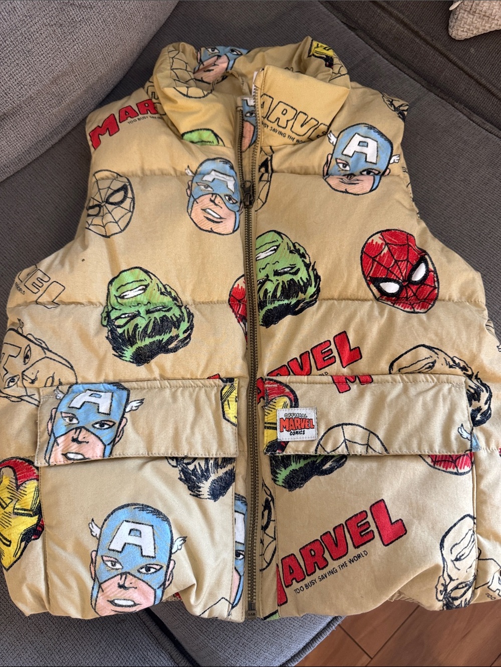 H&M Beige Kids Superhero Puffer Vest with Red, Blue, Green Accents